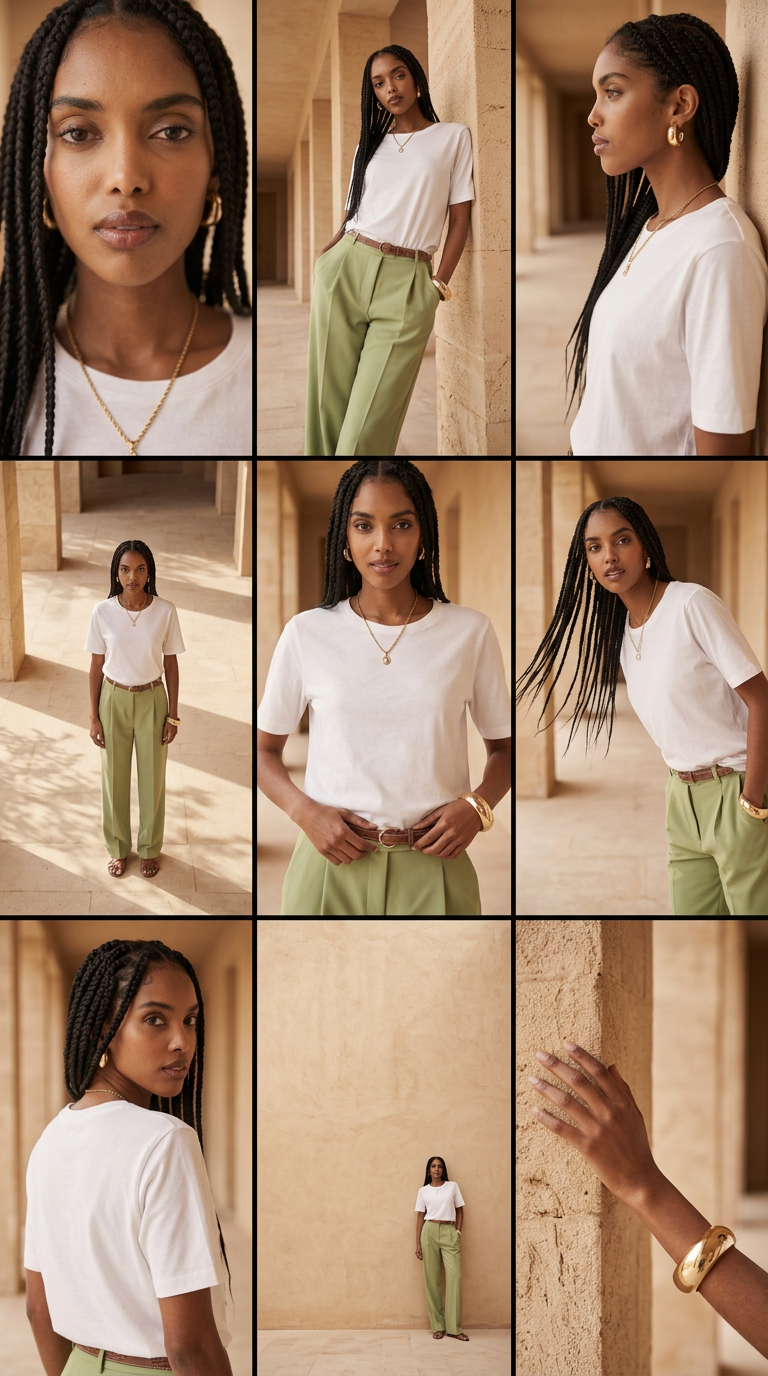 Fashion editorial — warm architecture portrait