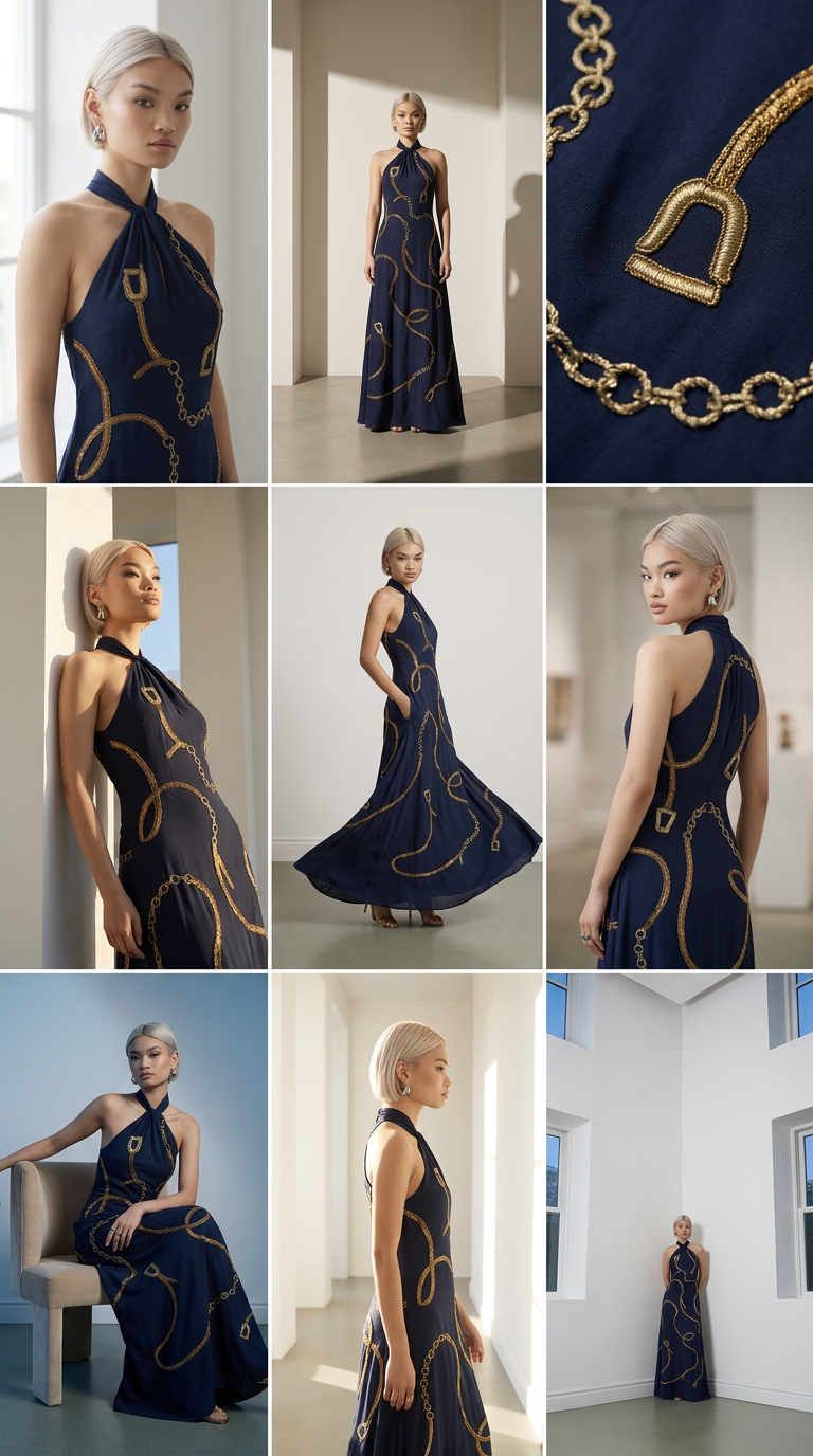 Fashion editorial — navy chain-print dress