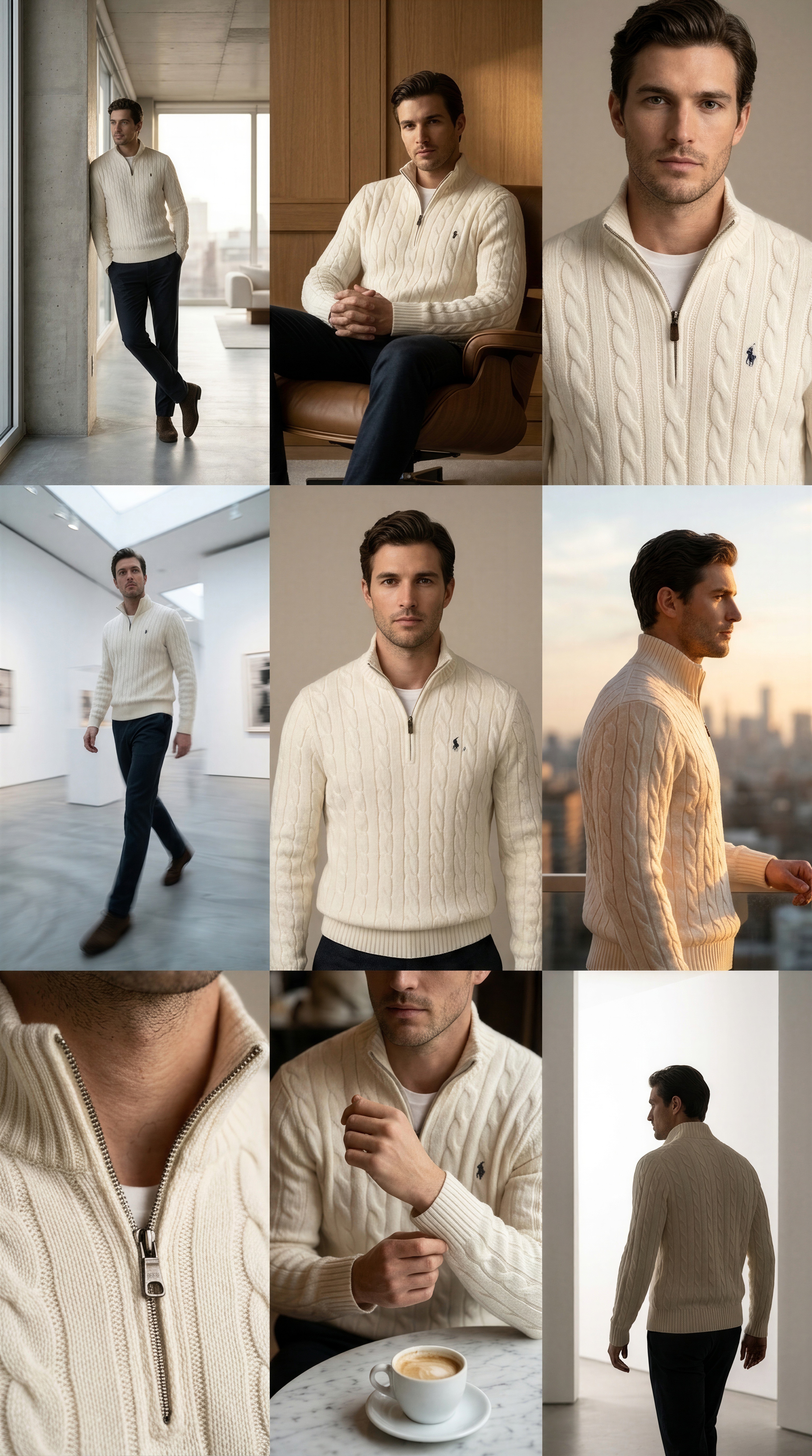 Cream cable-knit sweater editorial