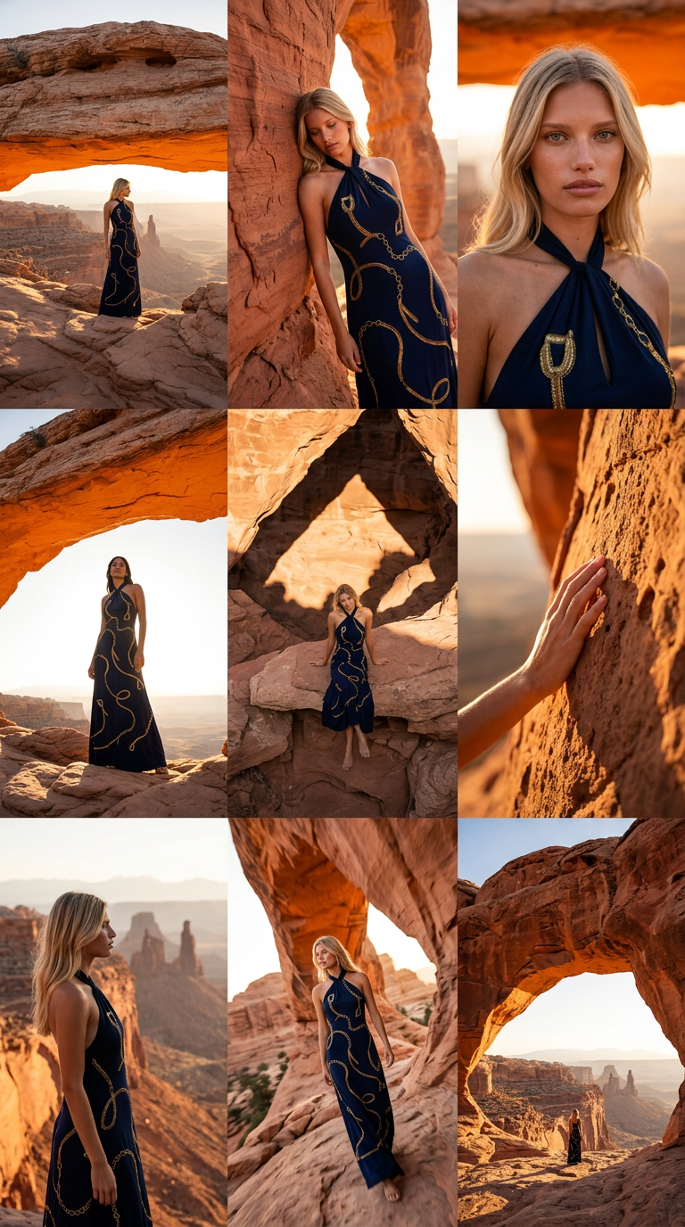 Fashion editorial — desert landscape dress